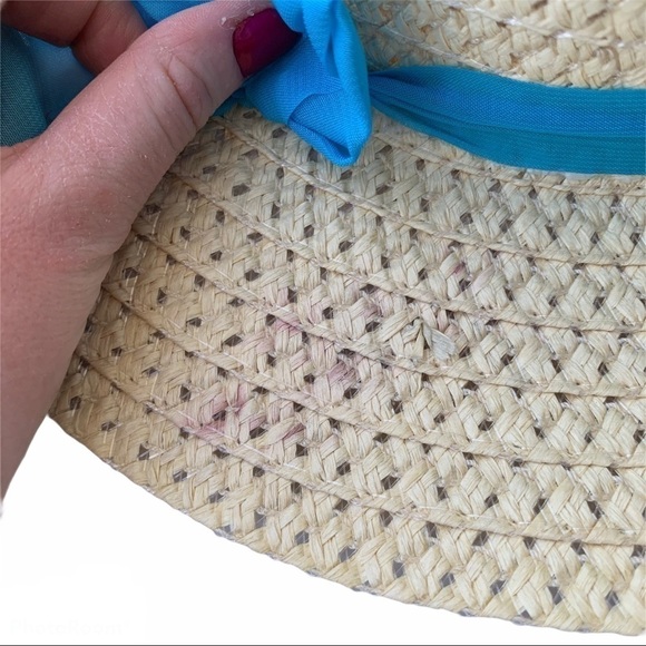 Hat Chapeau Blue Bow Sash Floppy Paper Straw Summer Sun Hat One Size - Picture 2 of 9